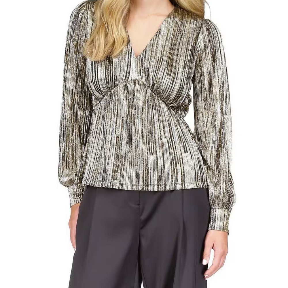 MICHAEL Michael Kors Stripe Foil Metallic V-Neck Long Sleeve Top size Small